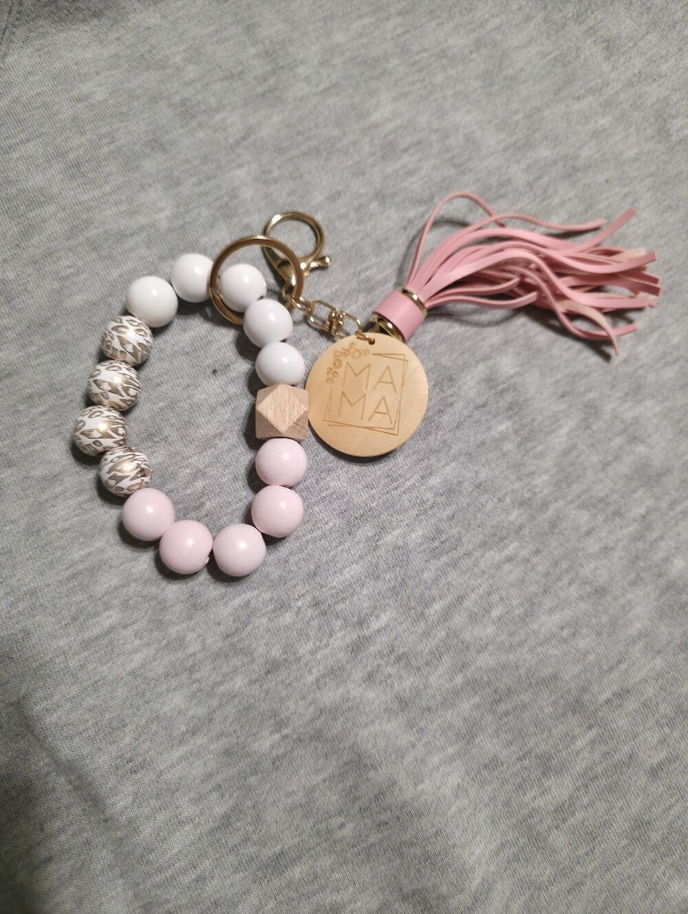 Pink & White 'MAMA' Beaded Tassel Keychain Wristlet